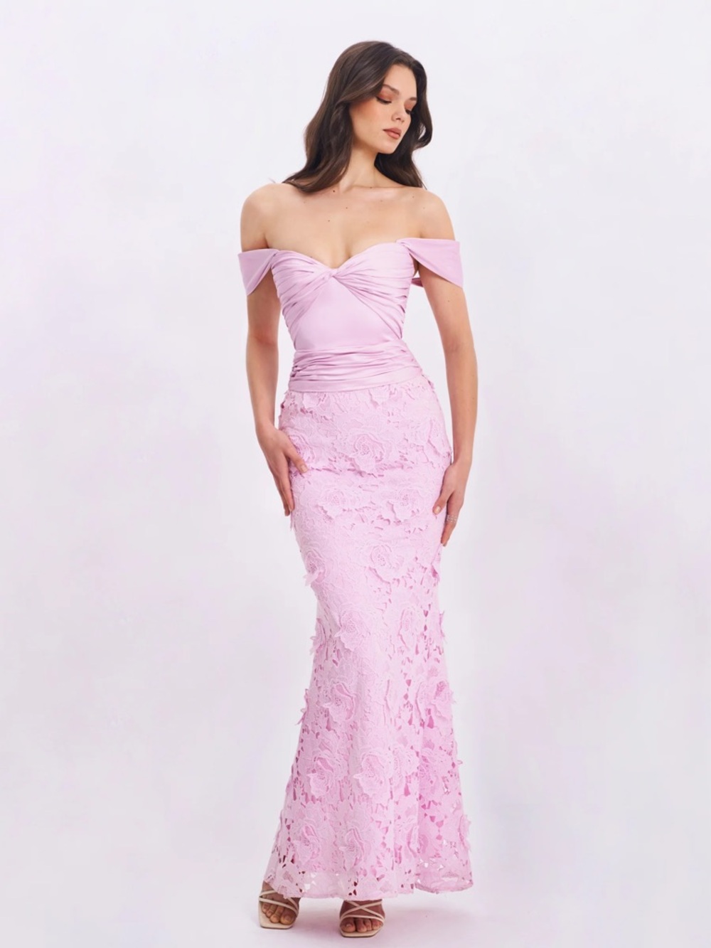 Miss Circle Dahlia Off-Shoulder Lace Mermaid Dress in Soft Pink Lilac Purple
